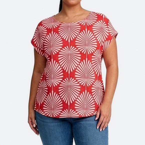 Joie Tops - Joie 100% Linen Palm Print Top L 12 Red White Knit Cap Sleeve Blouse